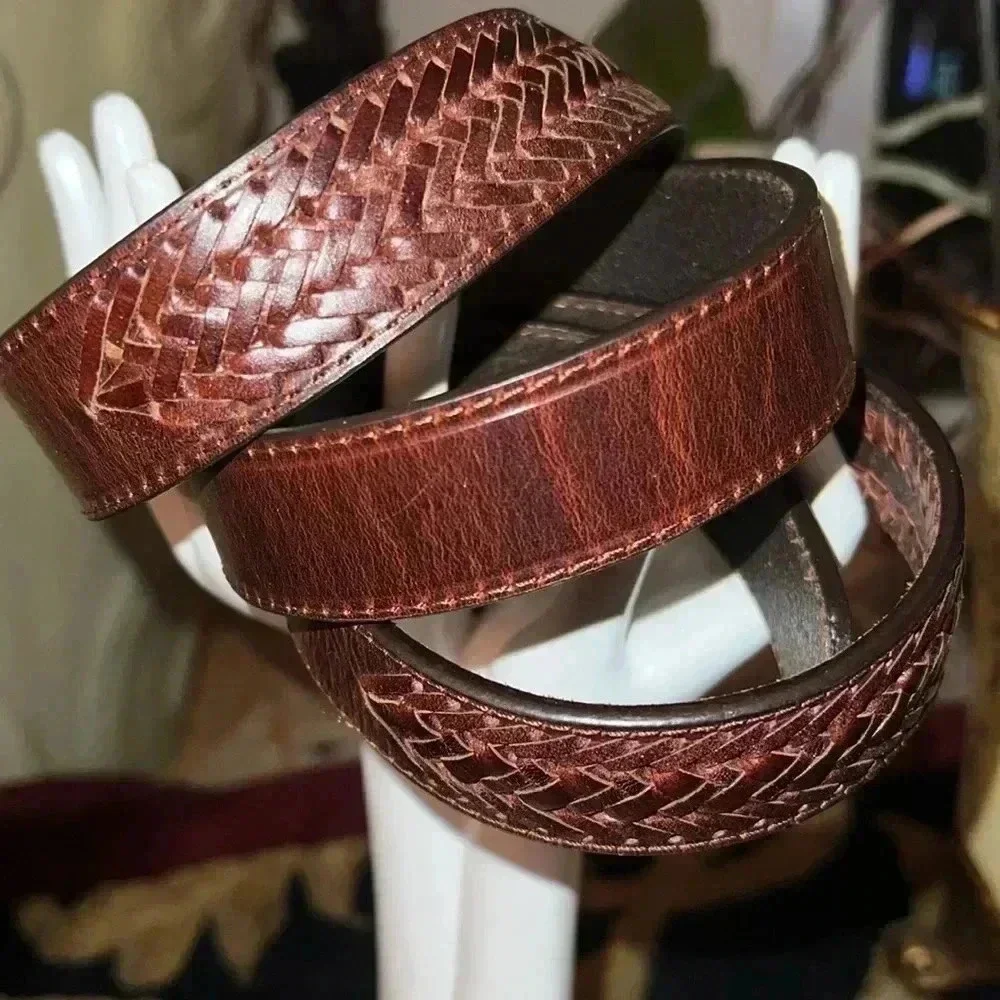 Men’s Brown Leather Braided Solid Belt with Solid Brass Buckle Size 42